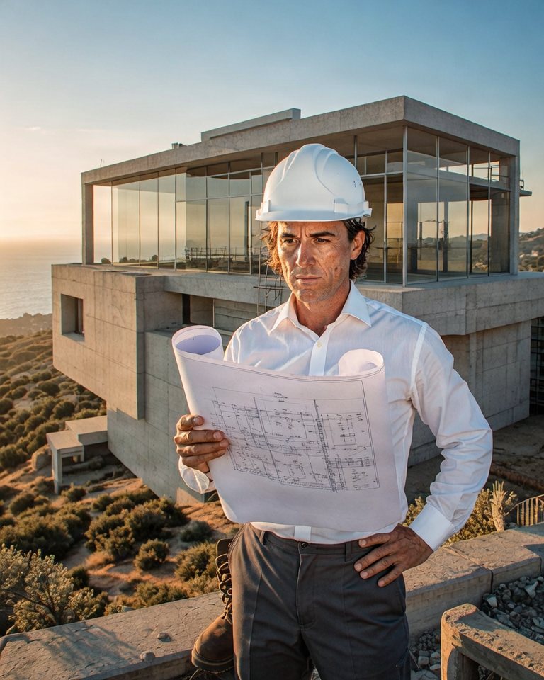 Un architecte consulte des plans devant une villa en construction