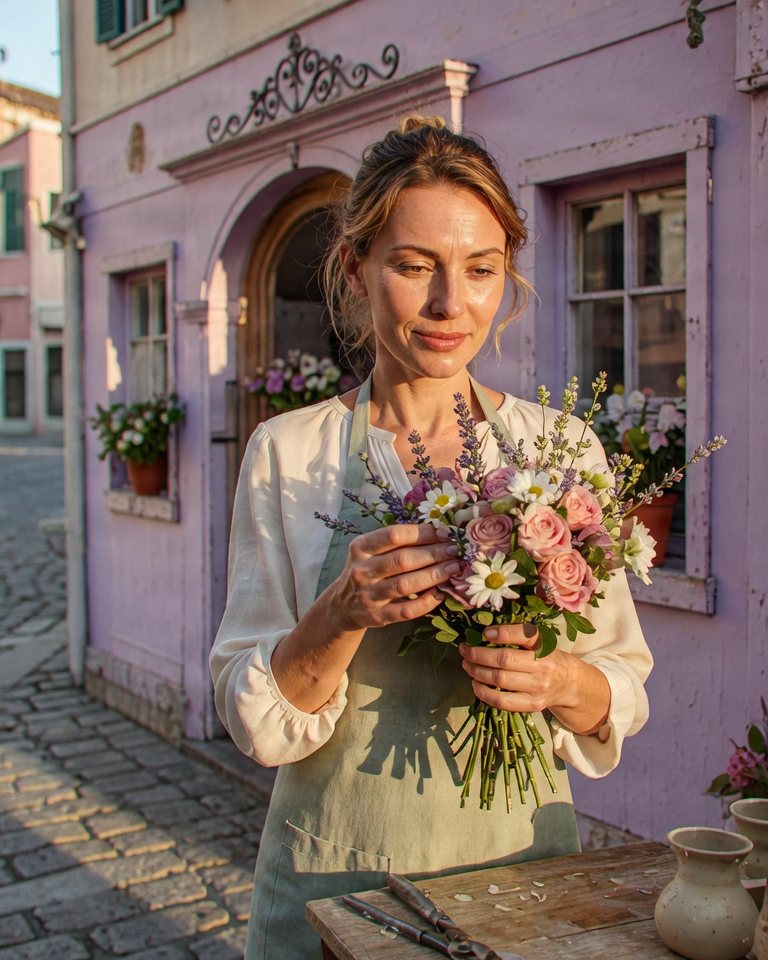 Une fleuriste compose un bouquet devant sa boutique