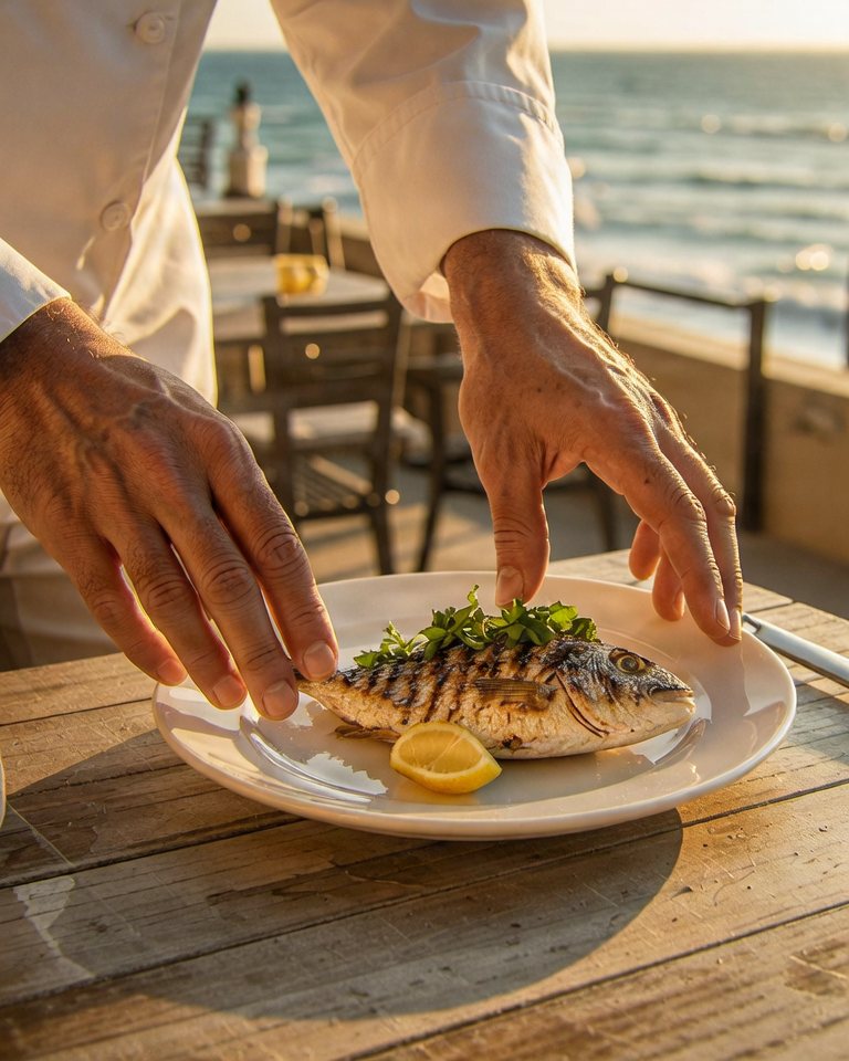 Un chef dresse une assiette face à la mer
