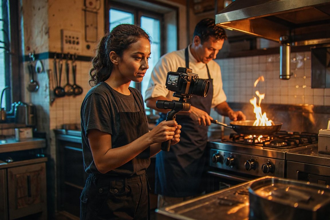 Une vidéaste filme un chef en cuisine